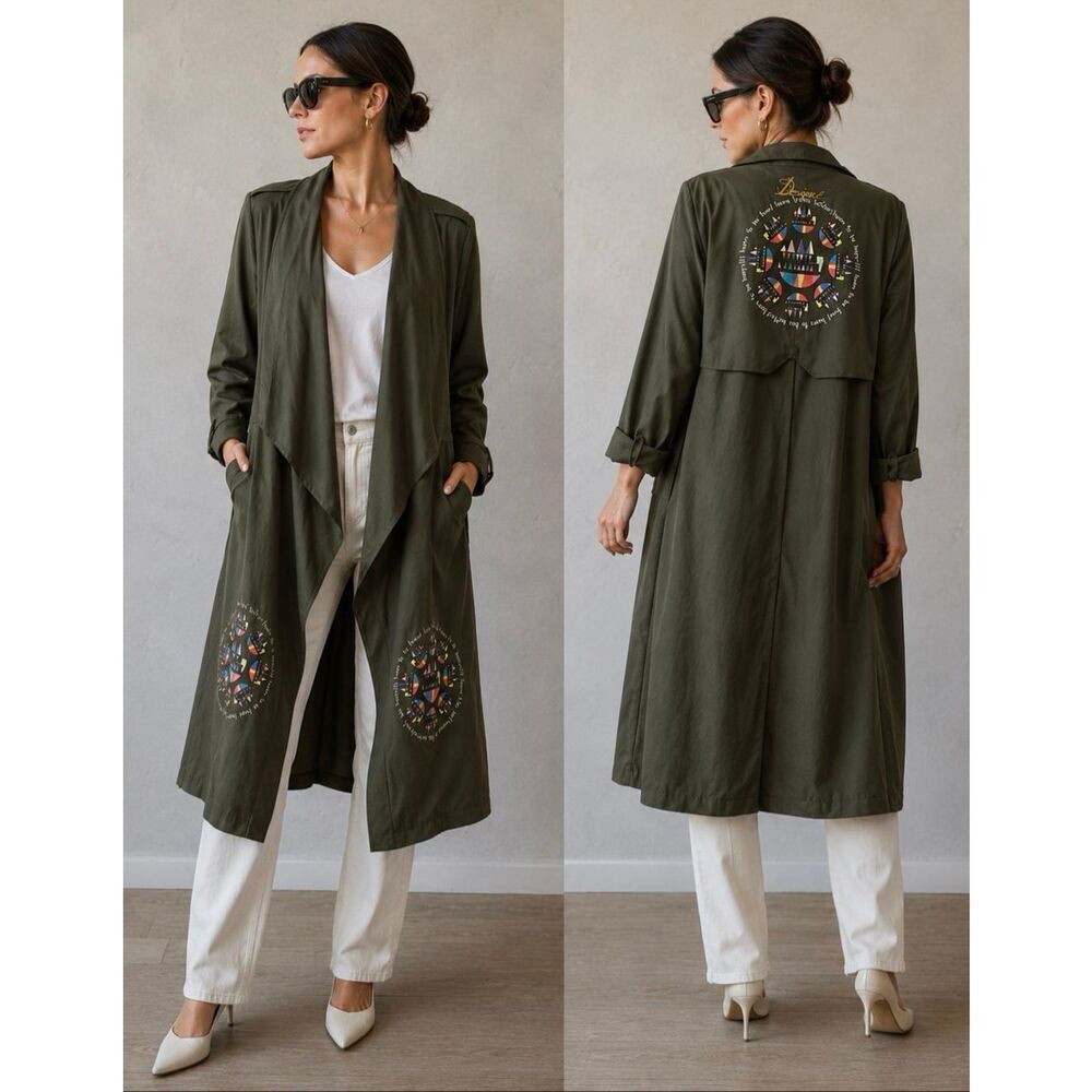 Desigual Learn To Be Free Jacket Women’s 40 Olive Green Trench Coat